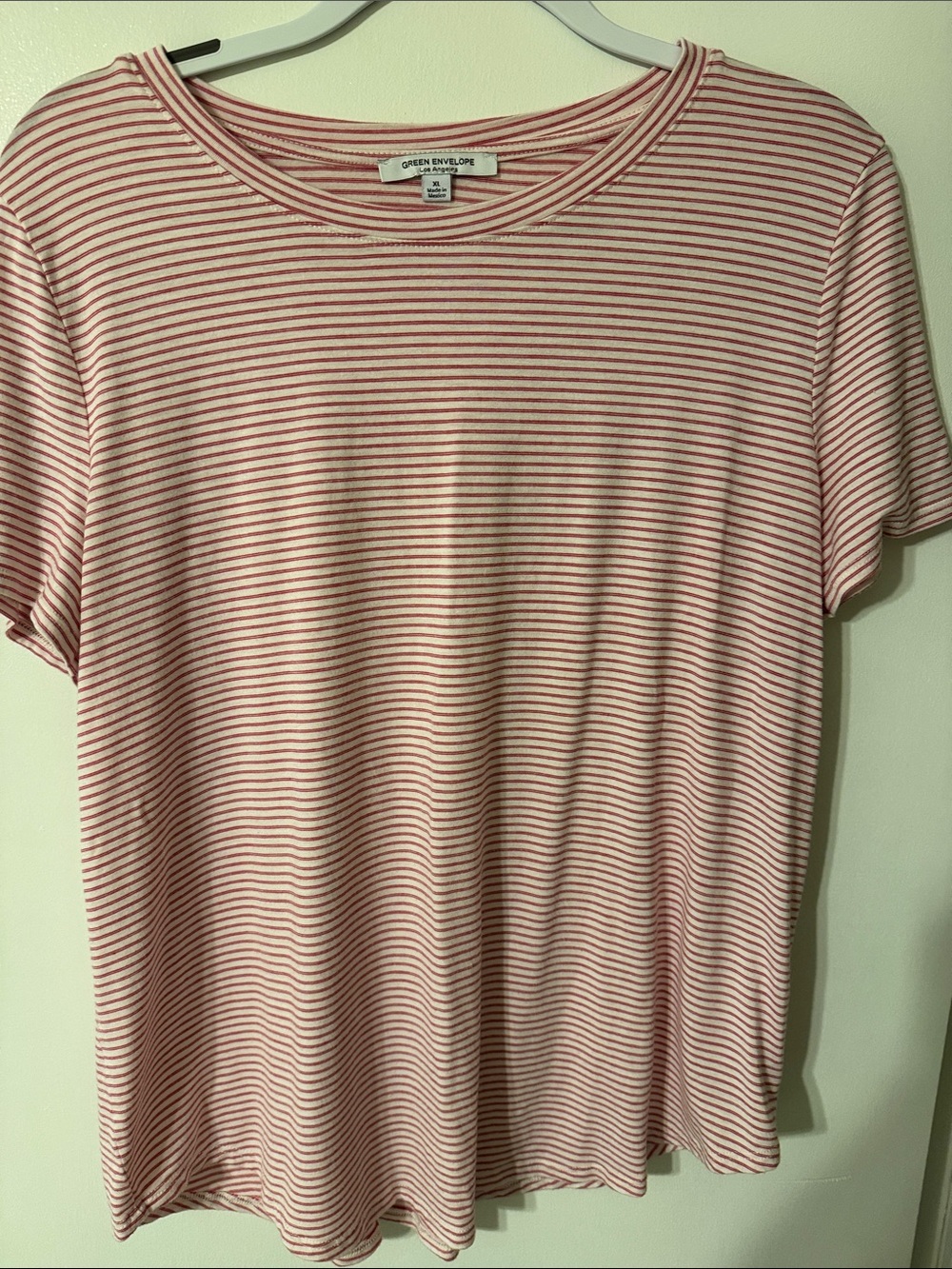 Green Envelope Red and White Stripe Short Sleeve Tee